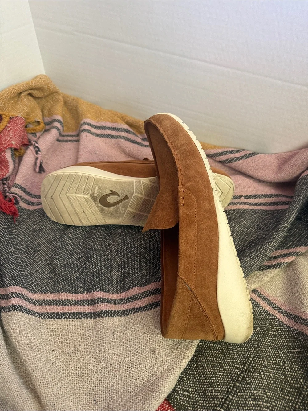 OluKai Men's Suede Slip-On Loafers in Chestnut Brown with White Sole